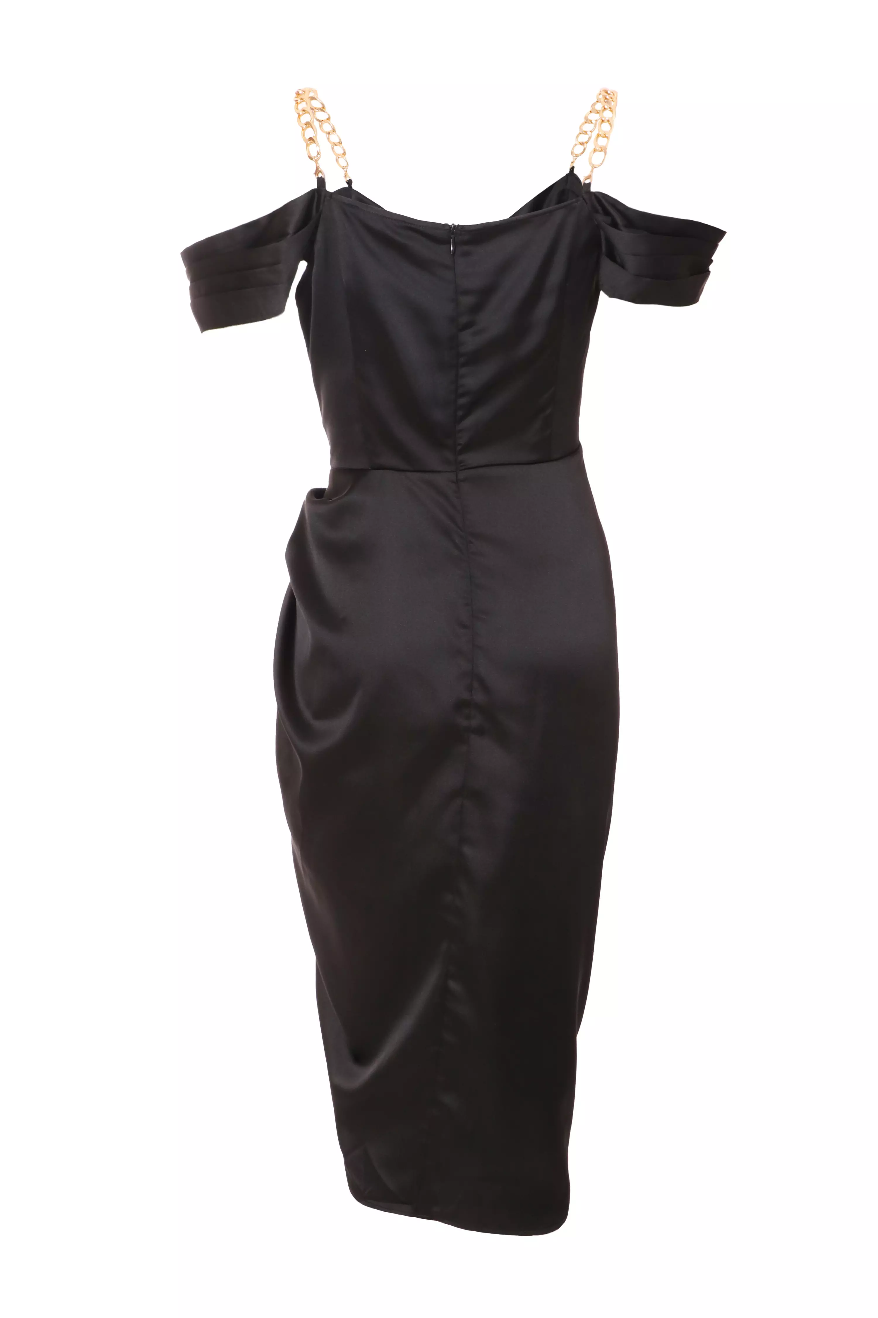 Petite Black Satin Ruched Cold Shoulder Midi Dress