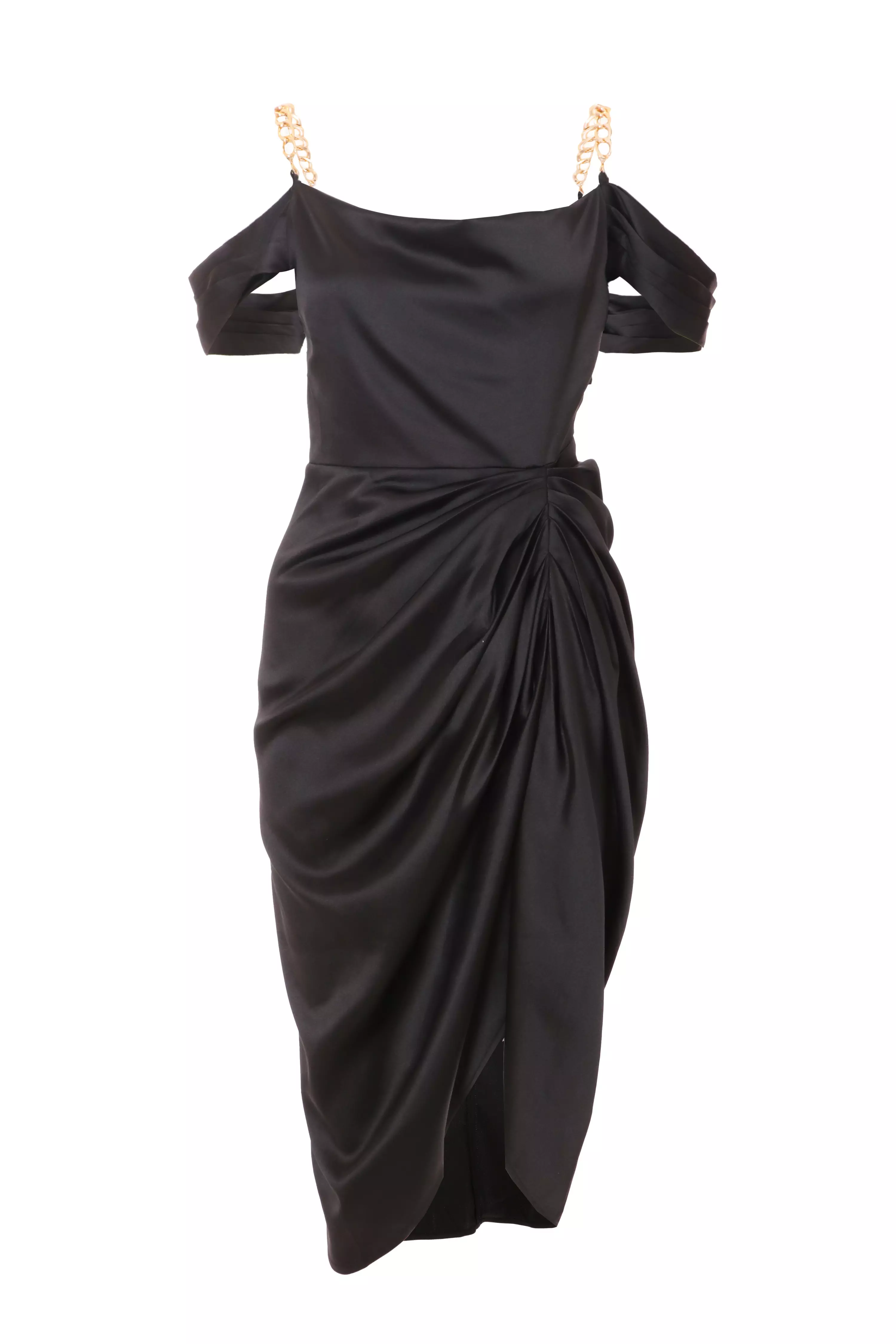 Petite Black Satin Ruched Cold Shoulder Midi Dress