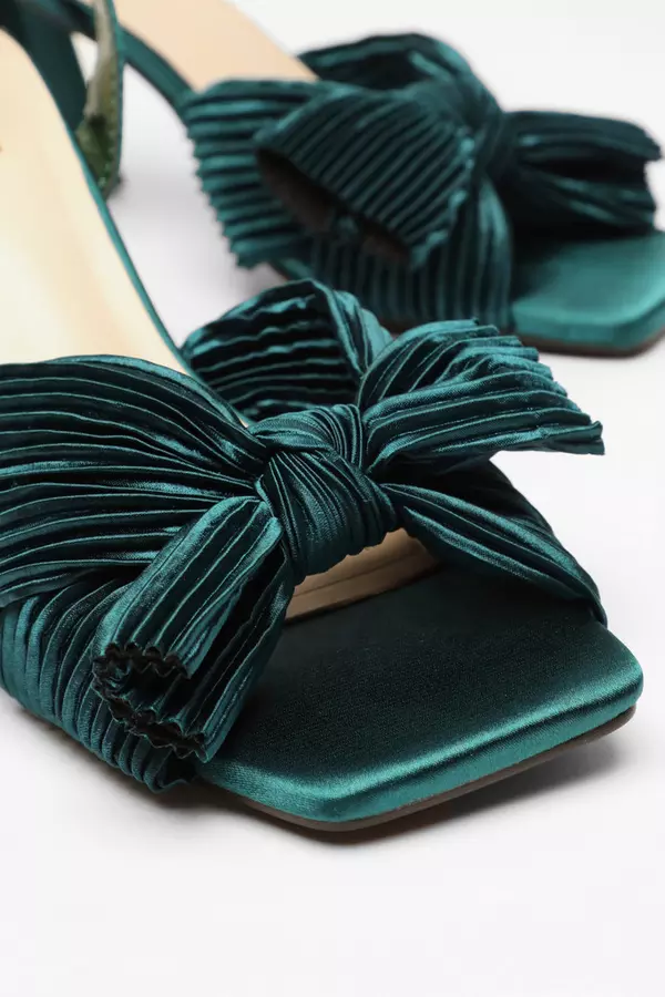 Green Pleated Bow Front Heeled Sandals