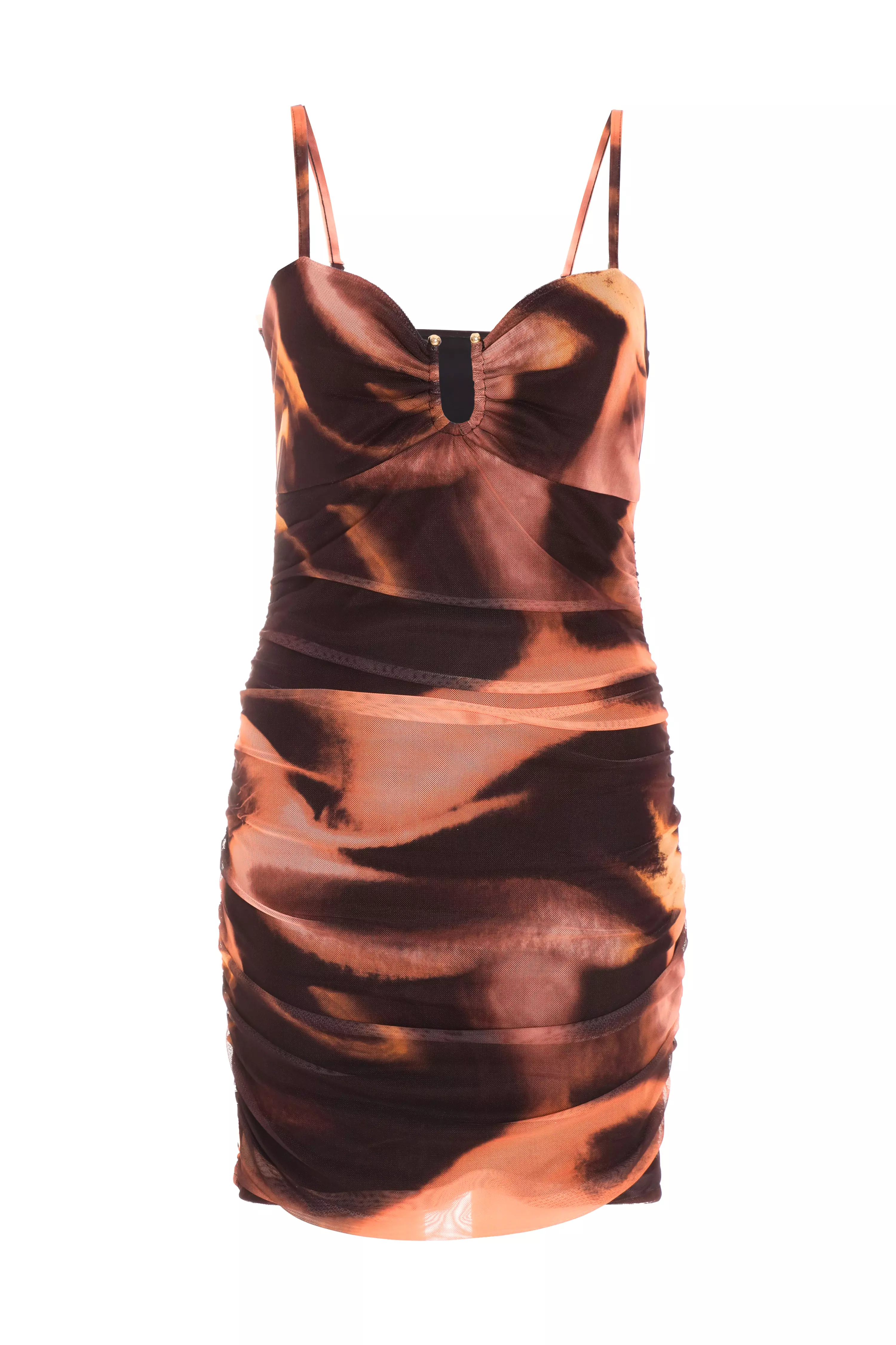 Rust Marble Print Ruched Mini Dress