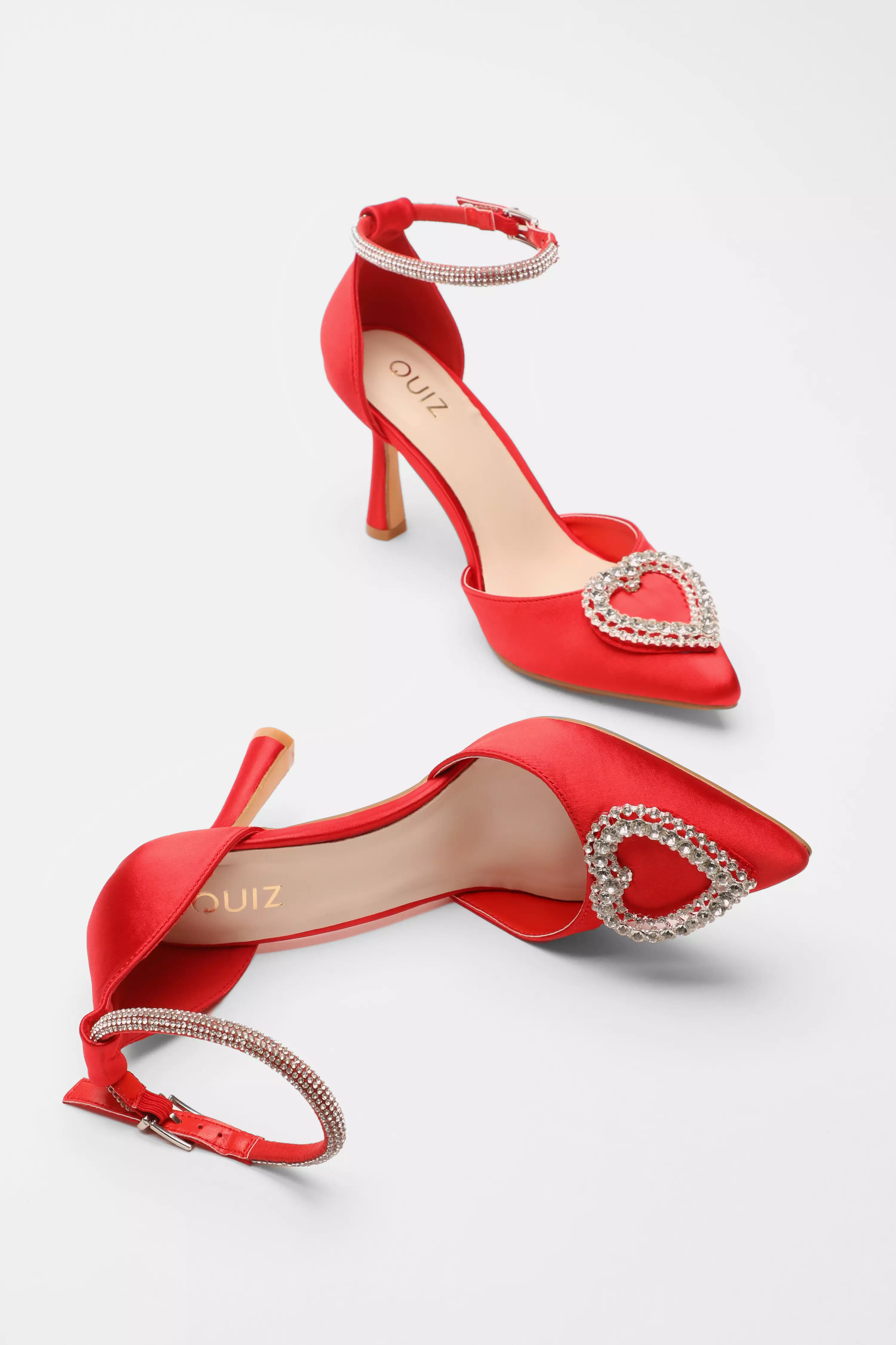 Red Satin Diamante Heart Brooch Court Heels