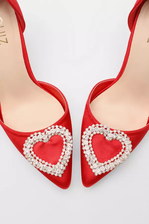 Red Satin Diamante Heart Brooch Court Heels