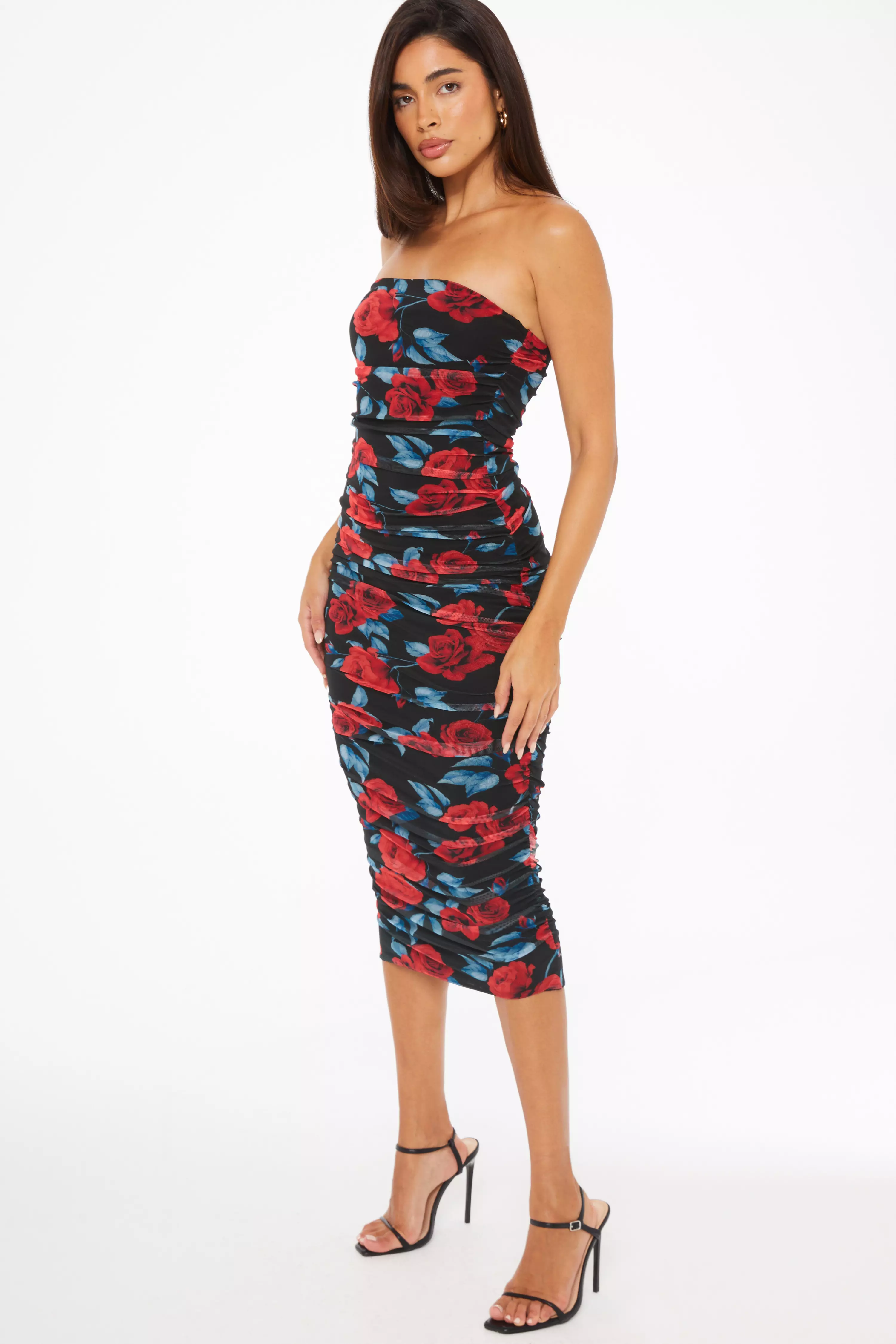 Red Floral Mesh Bodycon Midi Dress