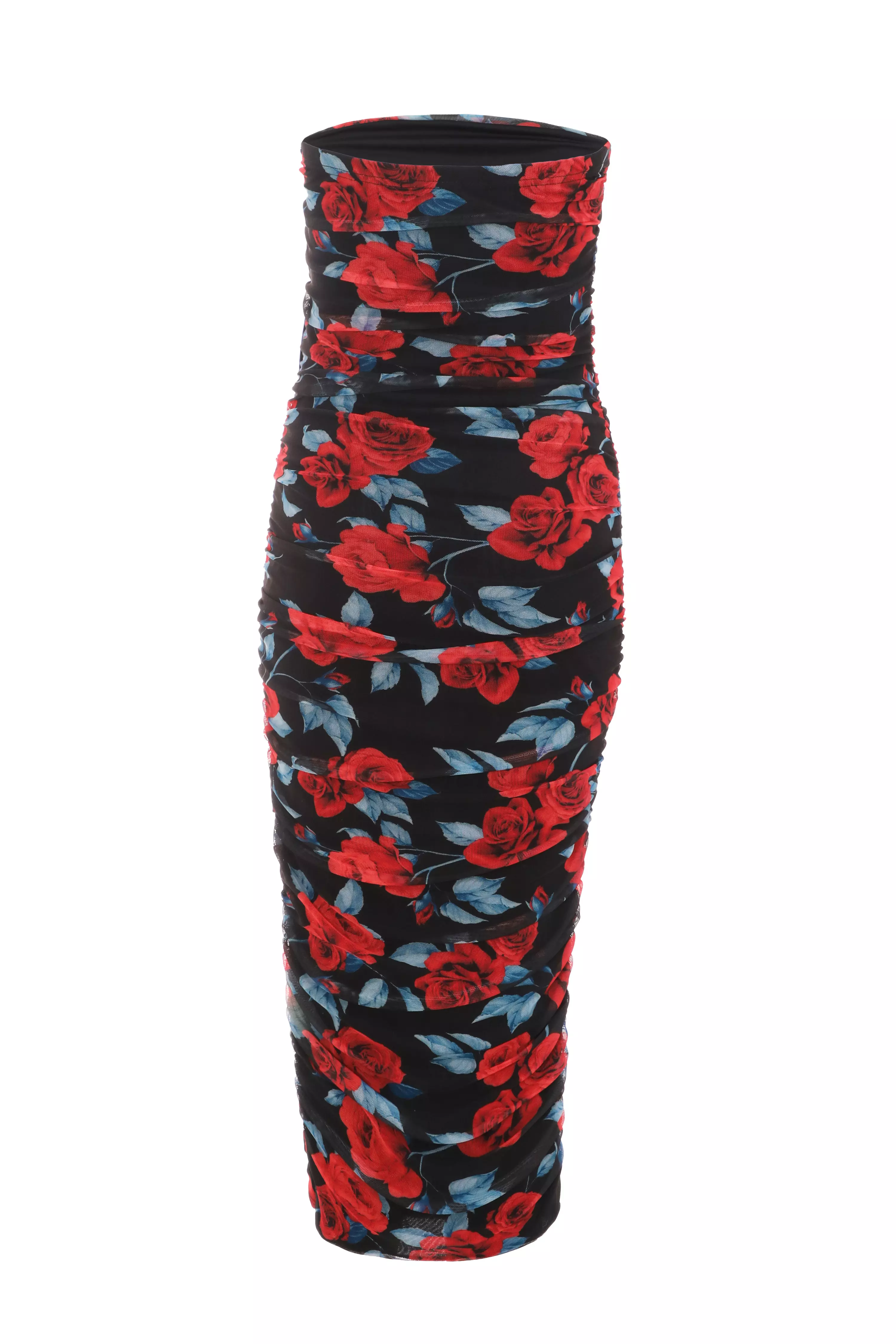 Red Floral Mesh Bodycon Midi Dress