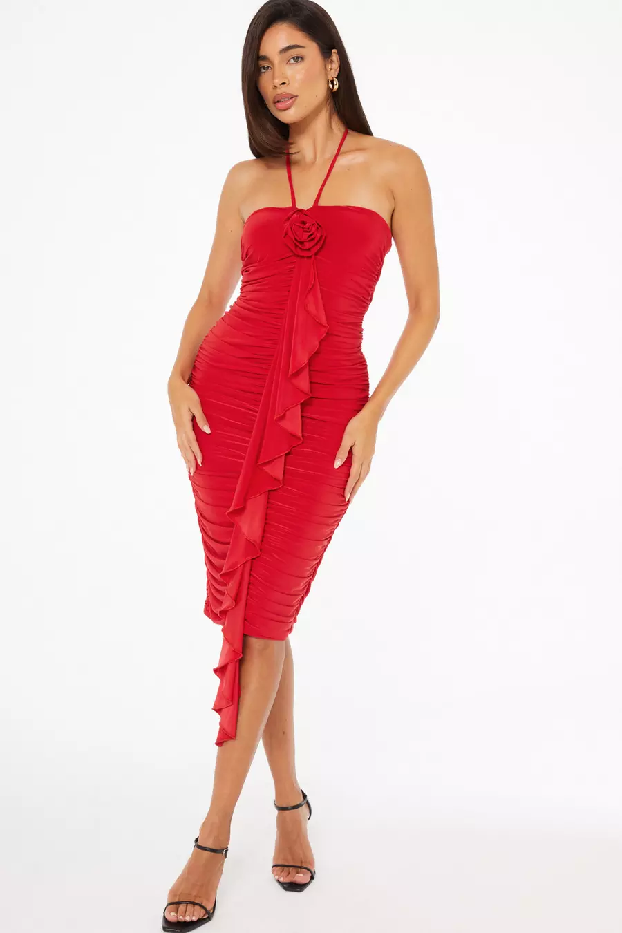 Red Flower Corsage Ruffle Midi Dress QUIZ Clothing