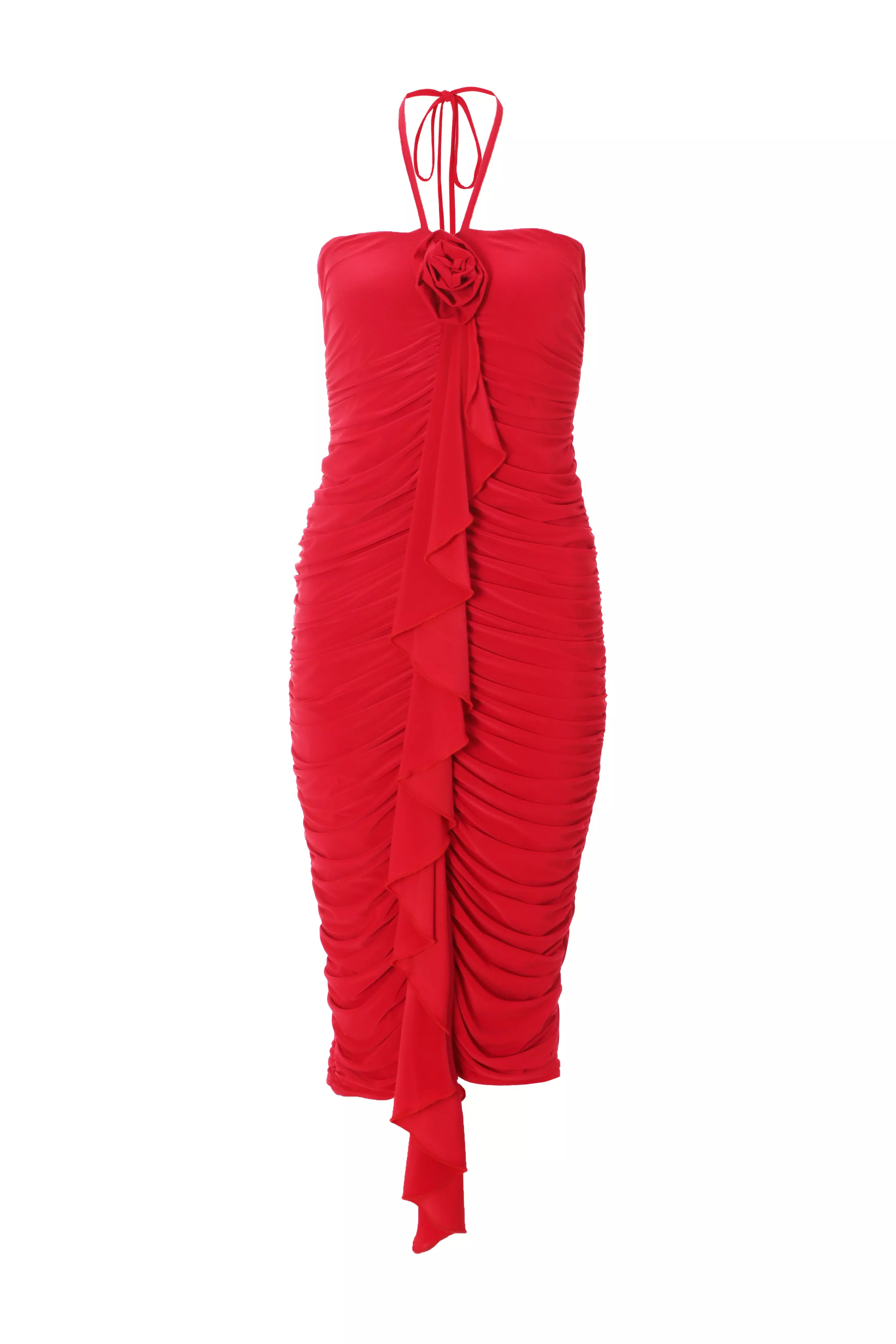 Red Flower Corsage Ruffle Midi Dress