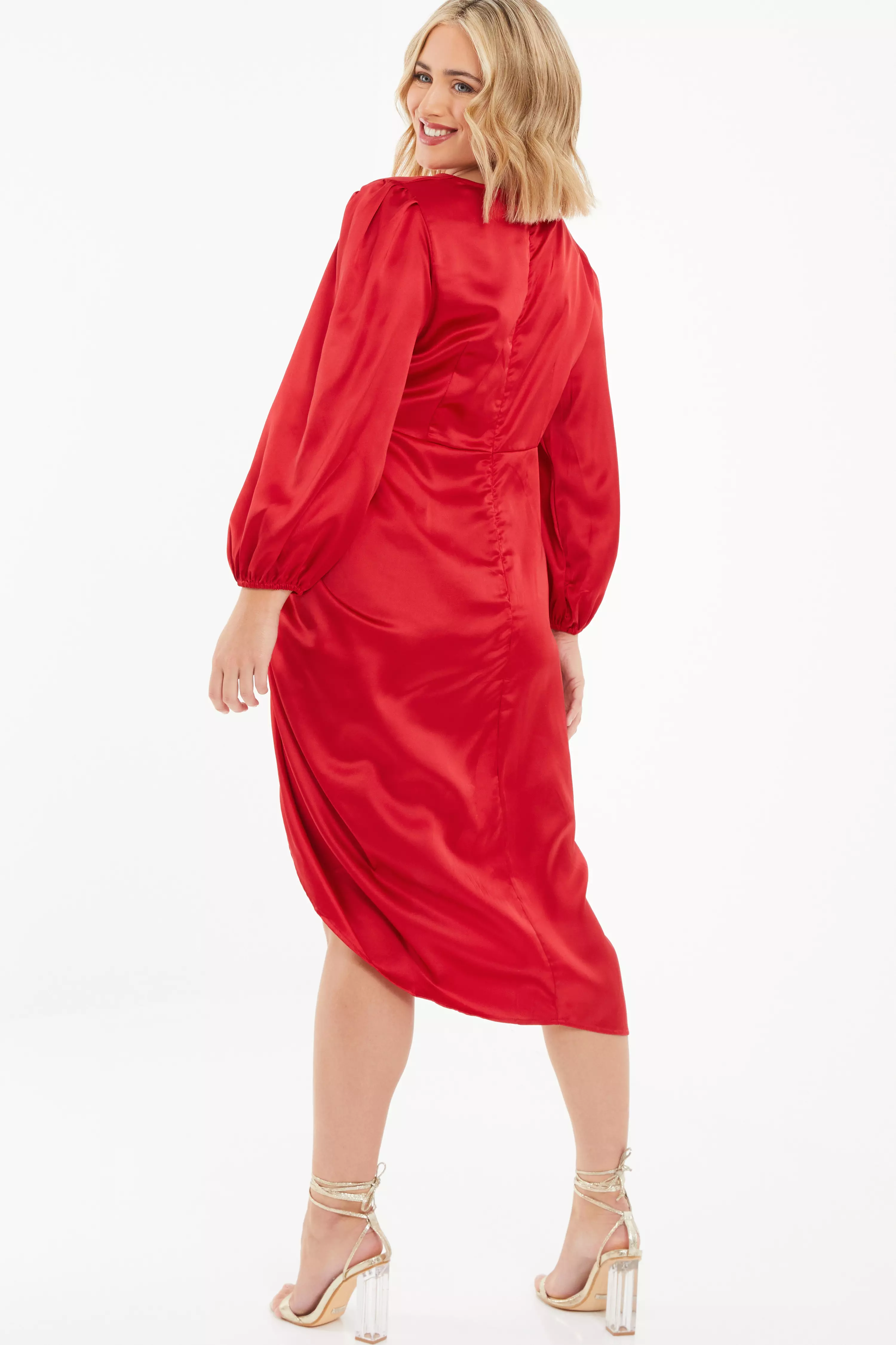 Curve Red Satin Ruched Midi Dress