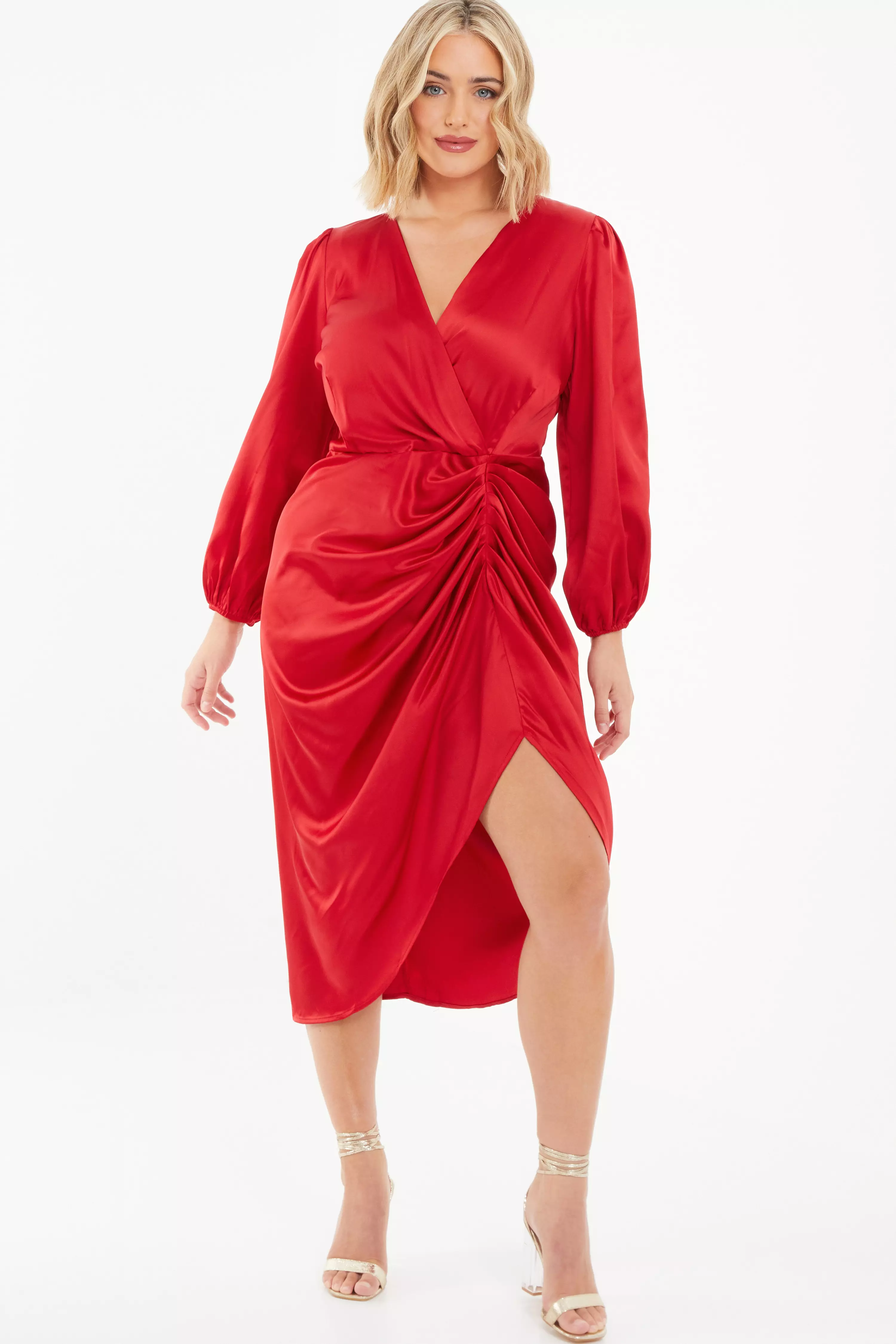 Curve Red Satin Ruched Midi Dress