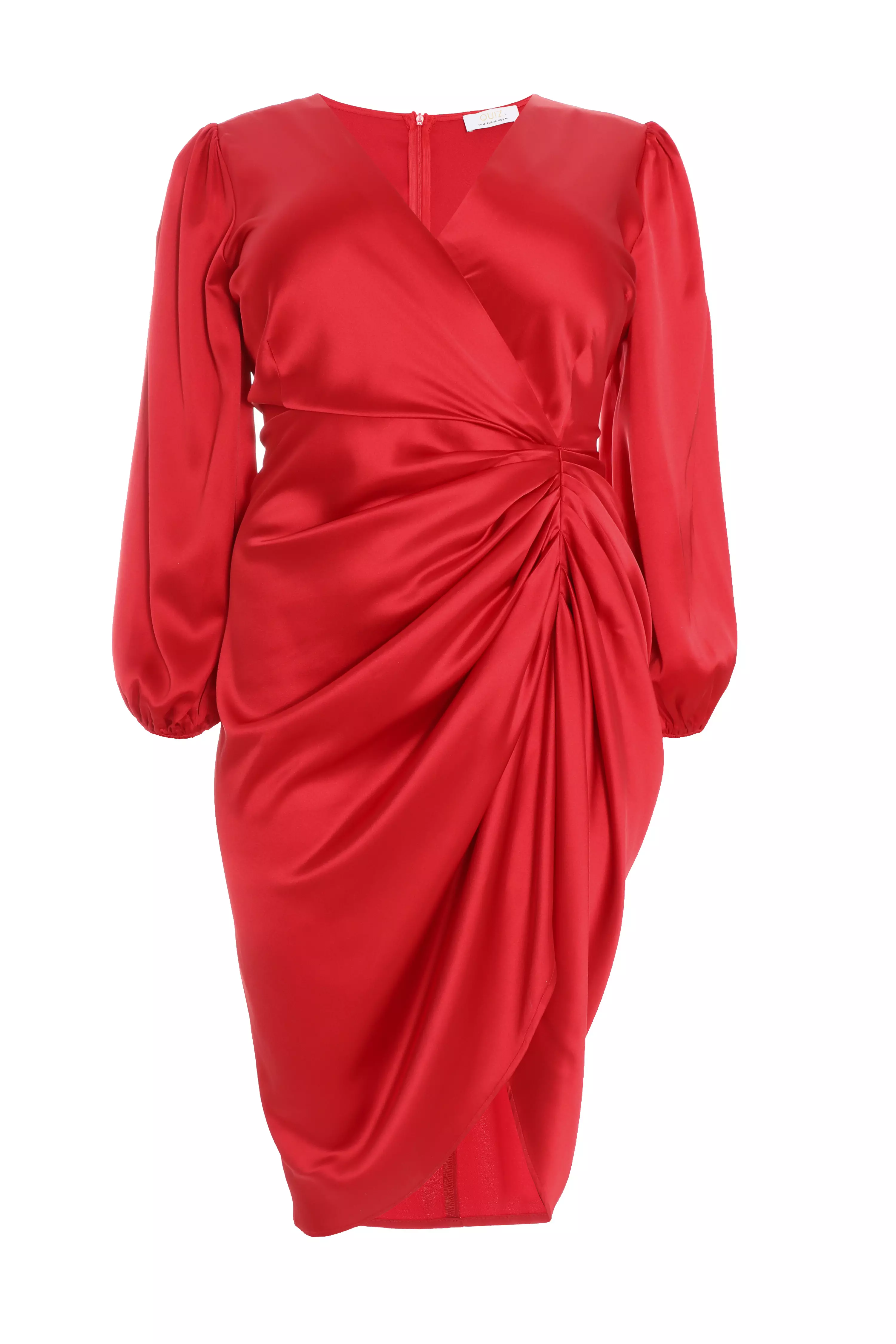 Curve Red Satin Ruched Midi Dress
