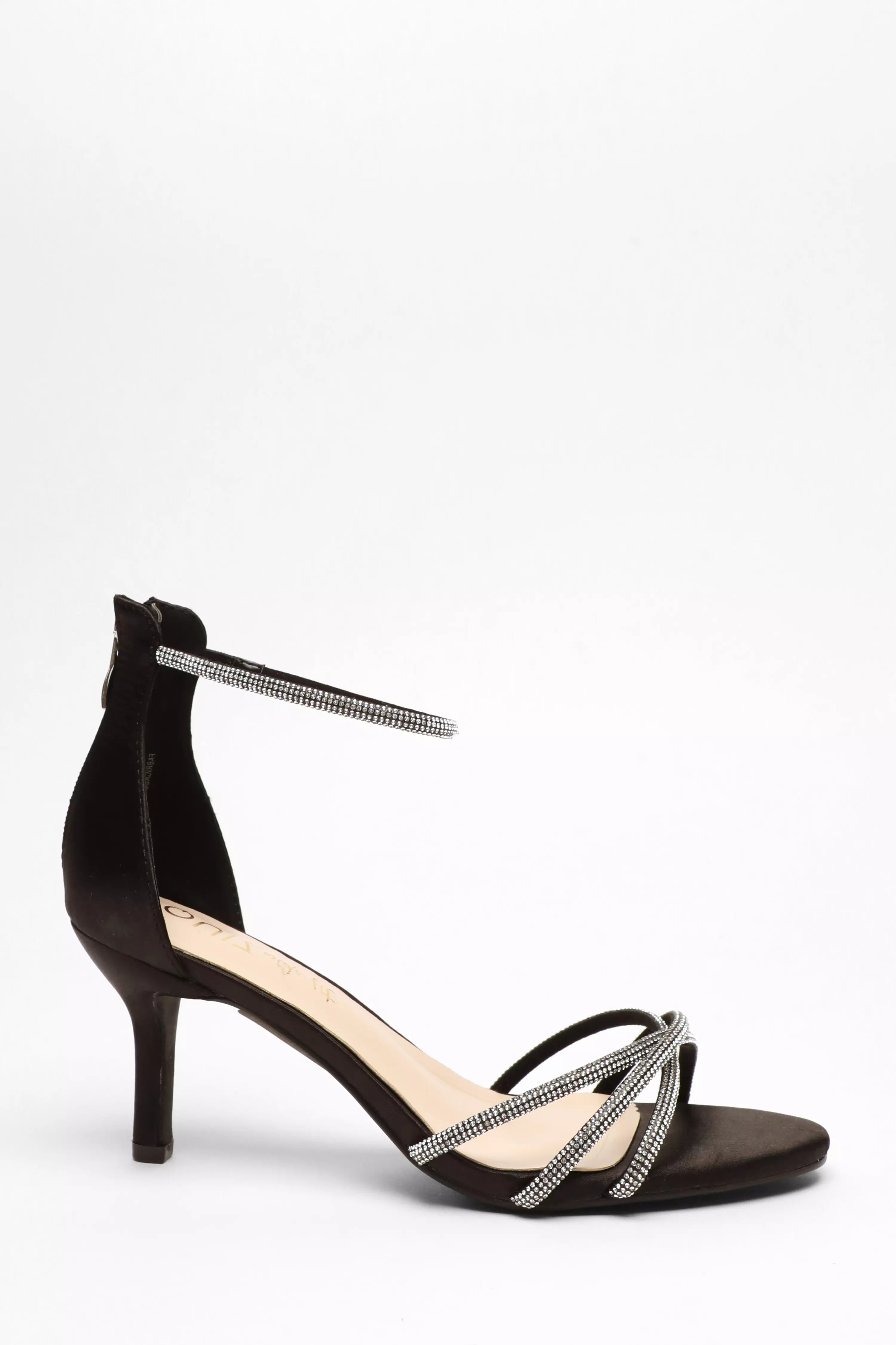 Wide Fit Black Satin Diamante Cross Strap Low Heels