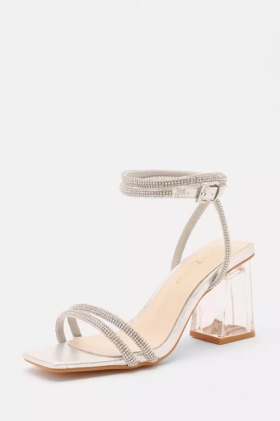 Wide Fit Silver Diamante Clear Block Heeled Sandals QUIZ Clothing