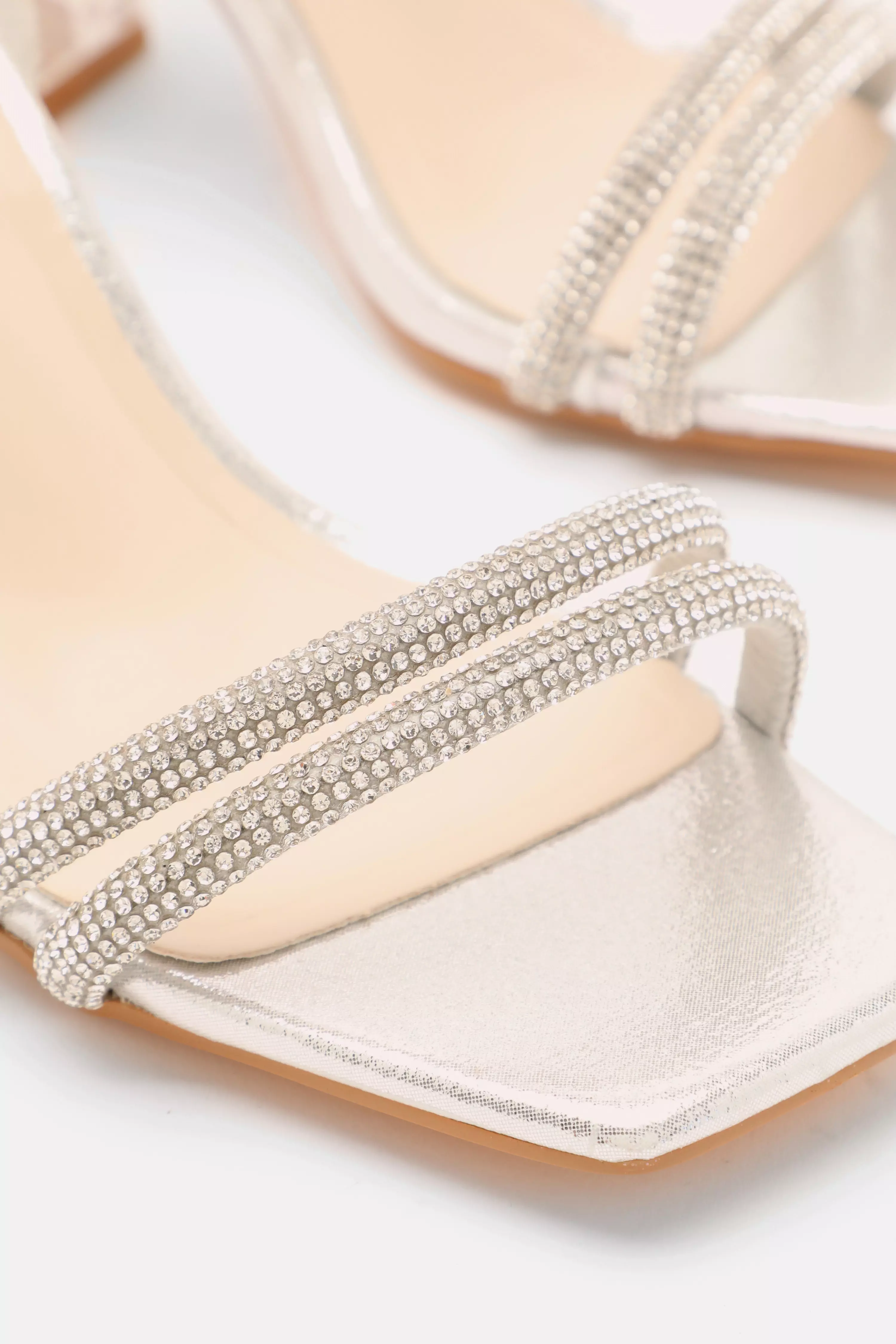 Wide Fit Silver Diamante Clear Block Heeled Sandals