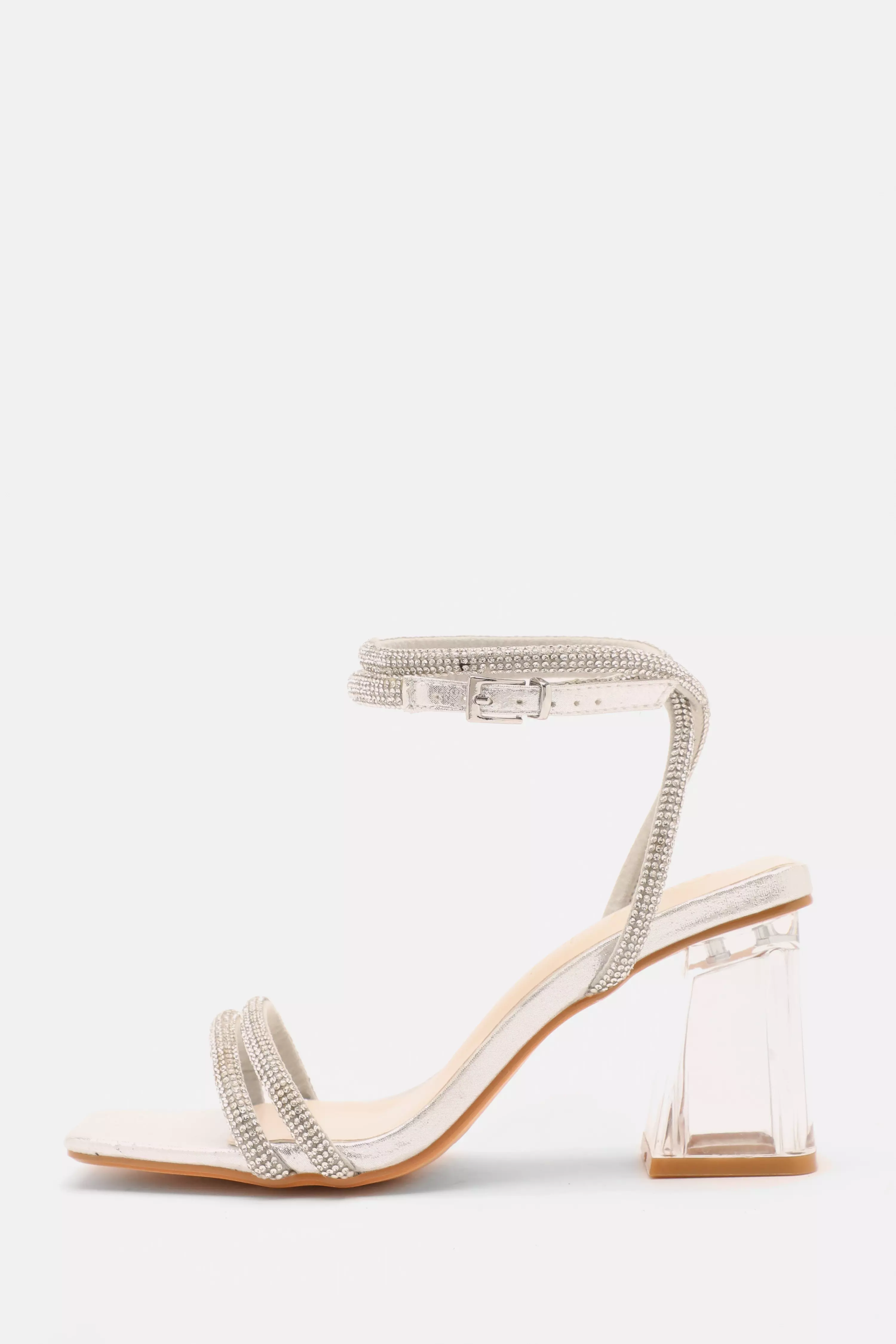 Wide Fit Silver Diamante Clear Block Heeled Sandals