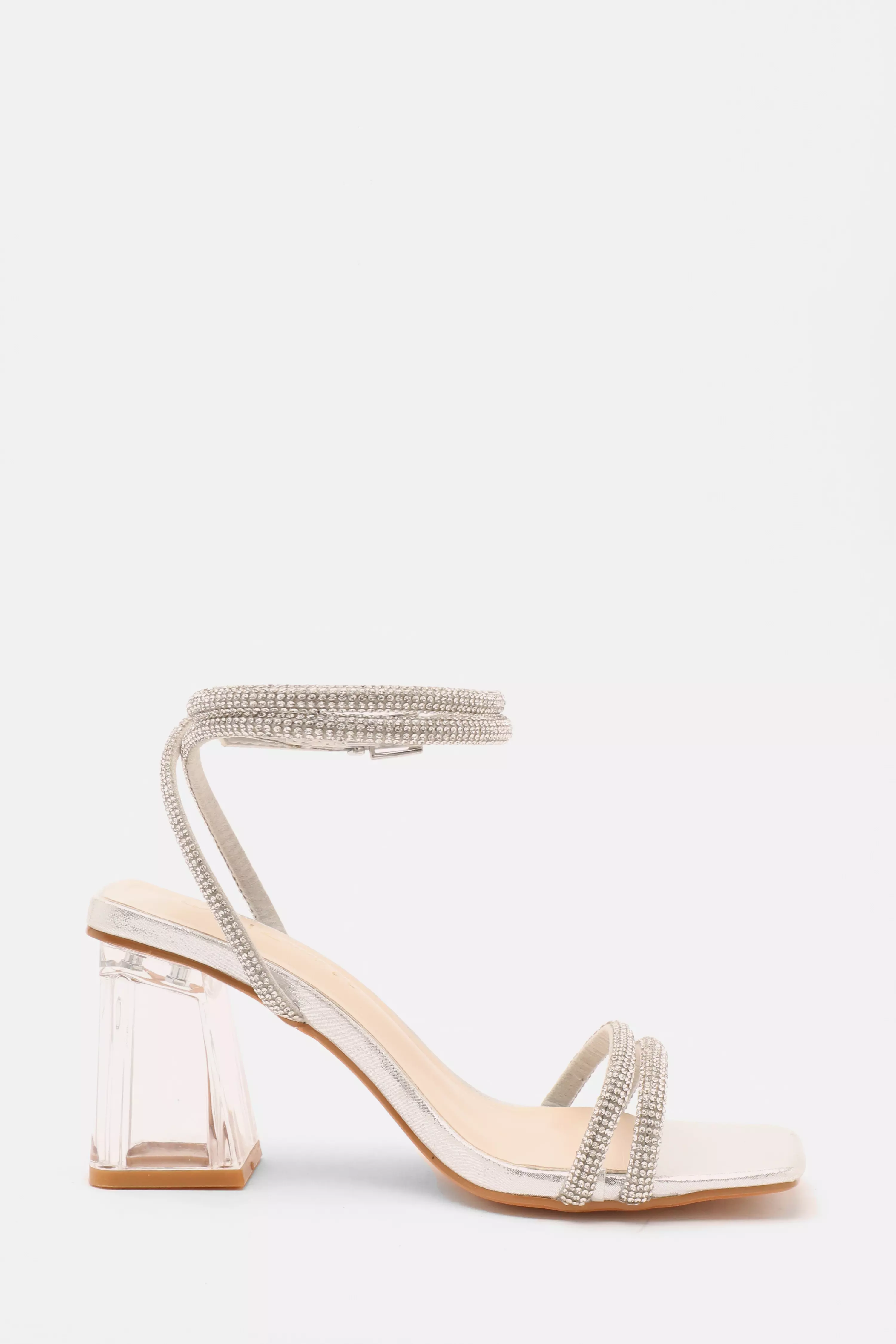 Wide Fit Silver Diamante Clear Block Heeled Sandals