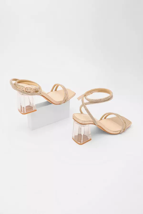 Wide Fit Gold Diamante Clear Block Heeled Sandals