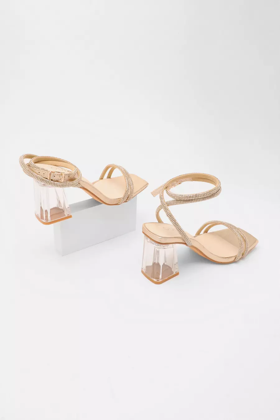 Wide Fit Gold Diamante Clear Block Heeled Sandals QUIZ Clothing