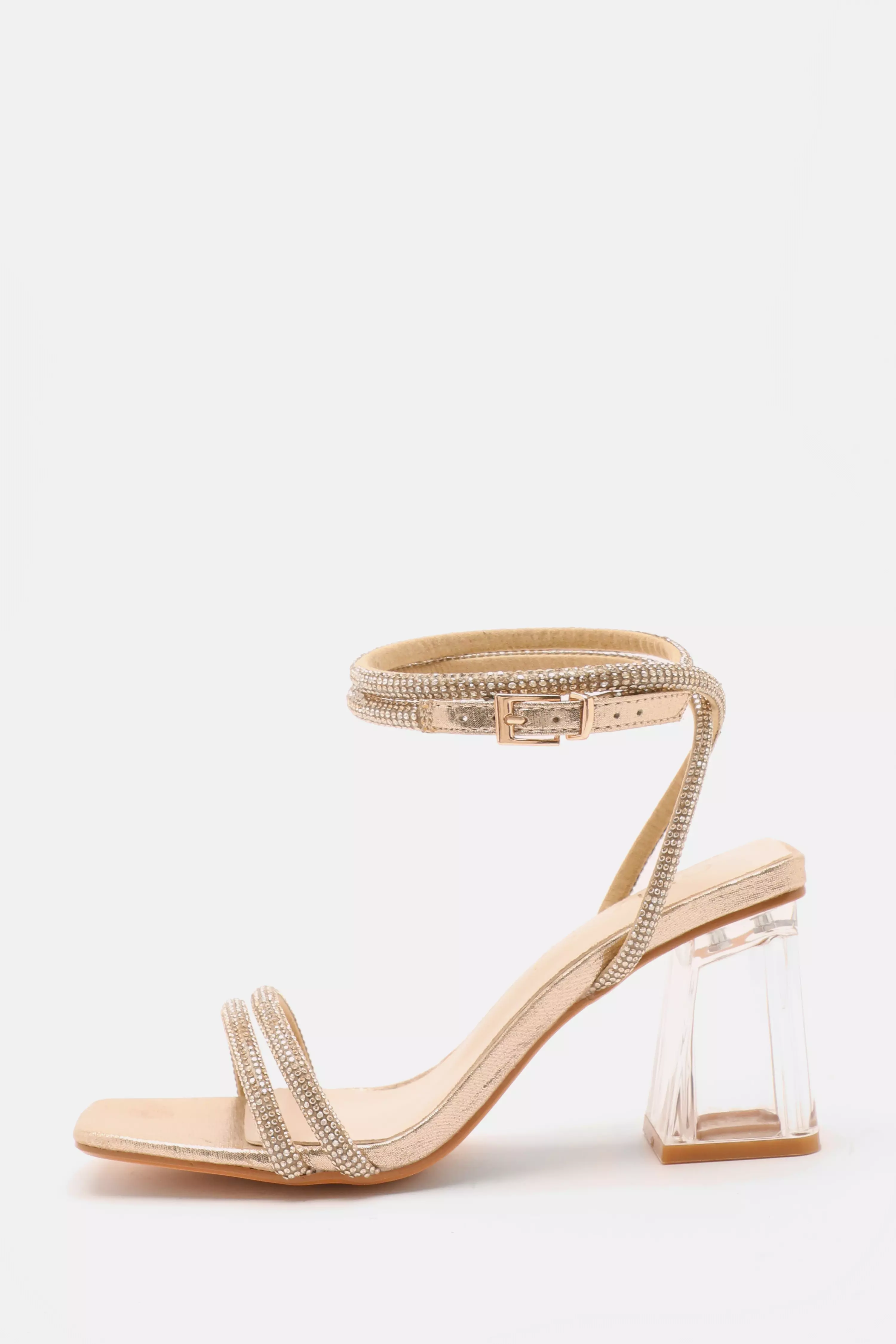 Wide Fit Gold Diamante Clear Block Heeled Sandals