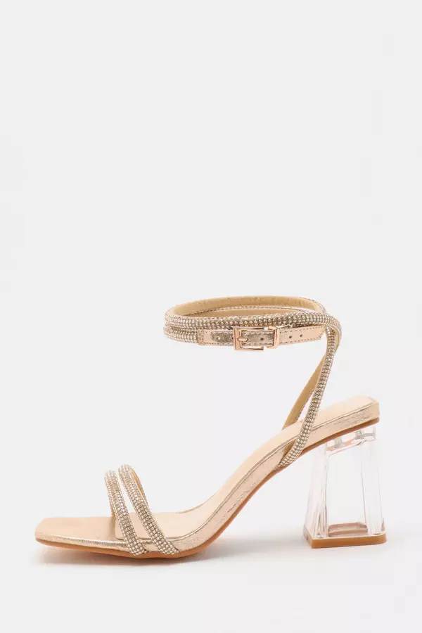 Wide Fit Gold Diamante Clear Block Heeled Sandals
