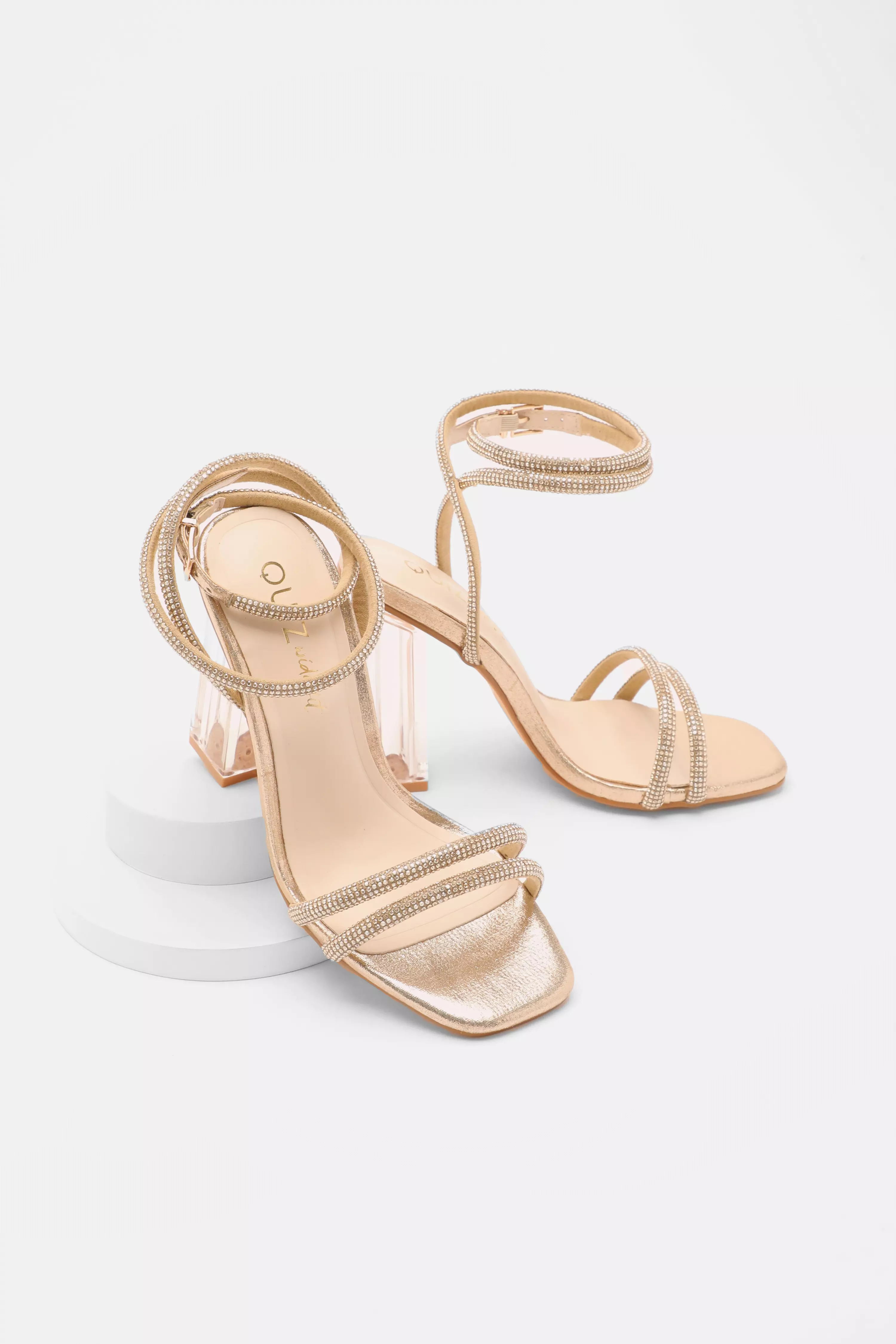 Wide Fit Gold Diamante Clear Heeled Sandals