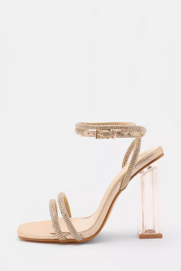Wide Fit Gold Diamante Clear Heeled Sandals