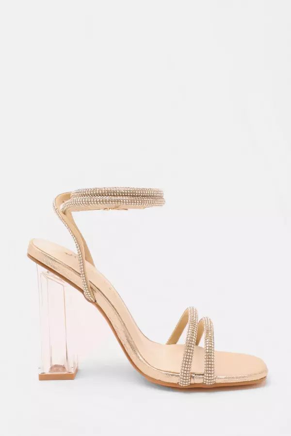 Wide Fit Gold Diamante Clear Heeled Sandals