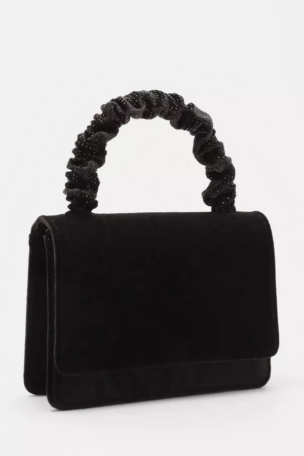 Black Velvet Diamante Mini Ruched Bag