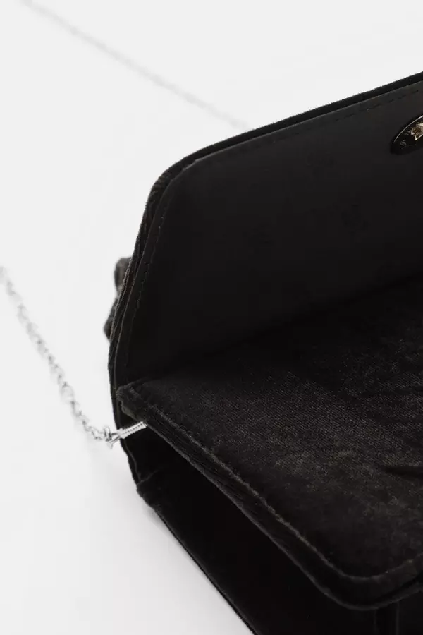 Black Velvet Diamante Mini Ruched Bag