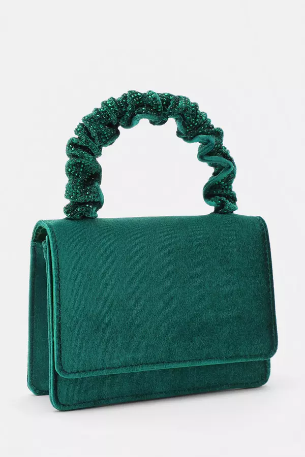 Green Velvet Diamante Mini Ruched Bag