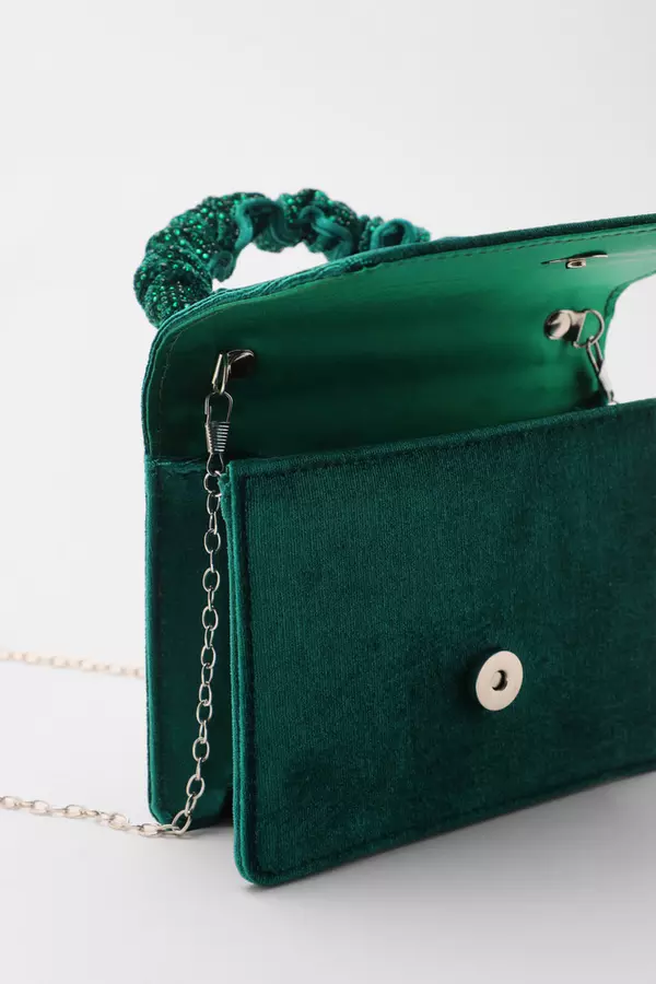 Green Velvet Diamante Mini Ruched Bag