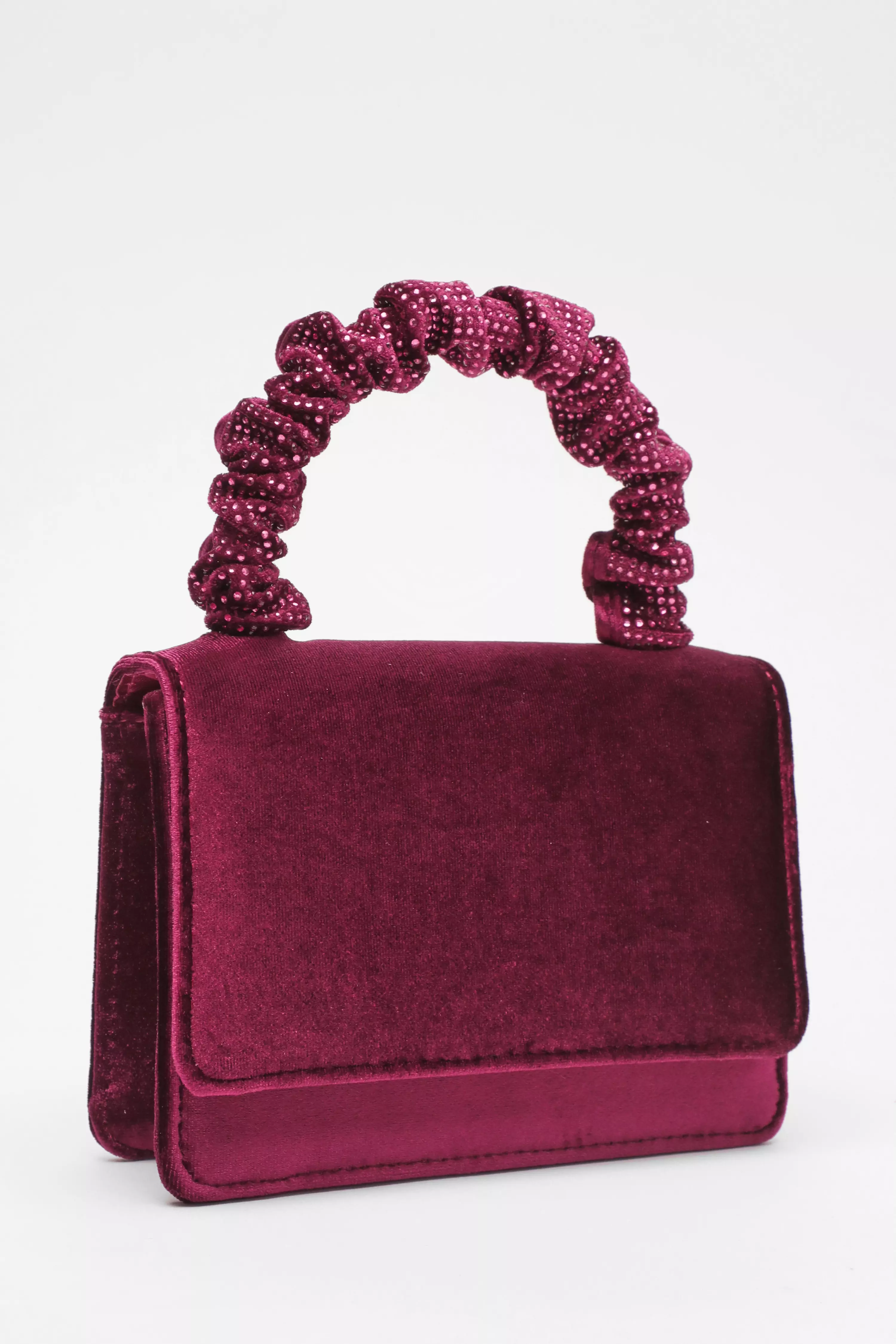 Berry Velvet Diamante Mini Ruched Bag
