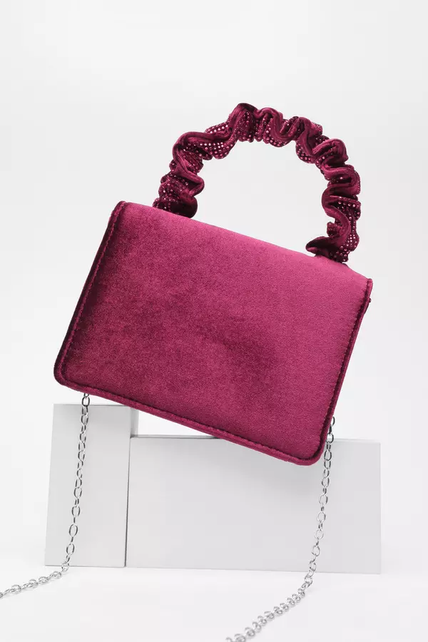 Berry Velvet Diamante Mini Ruched Bag