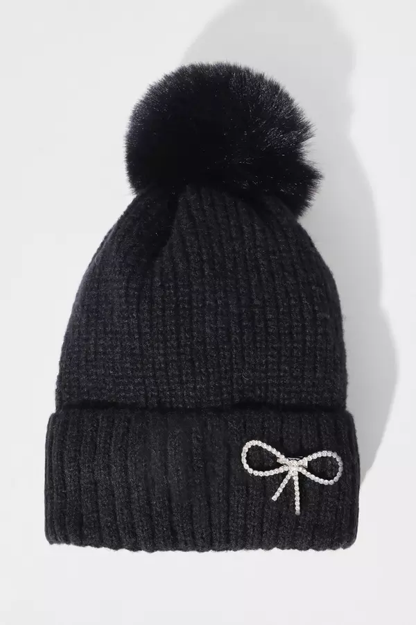 Black Diamante Bow Knit Hat