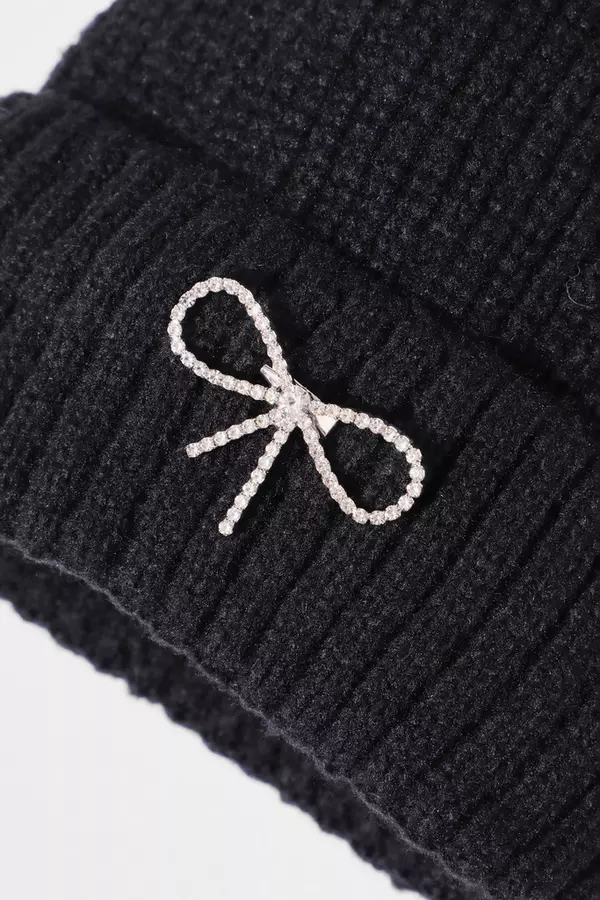 Black Diamante Bow Knit Hat