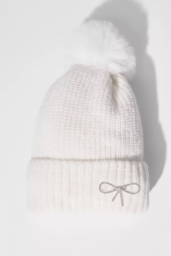 Cream Diamante Bow Knit Hat