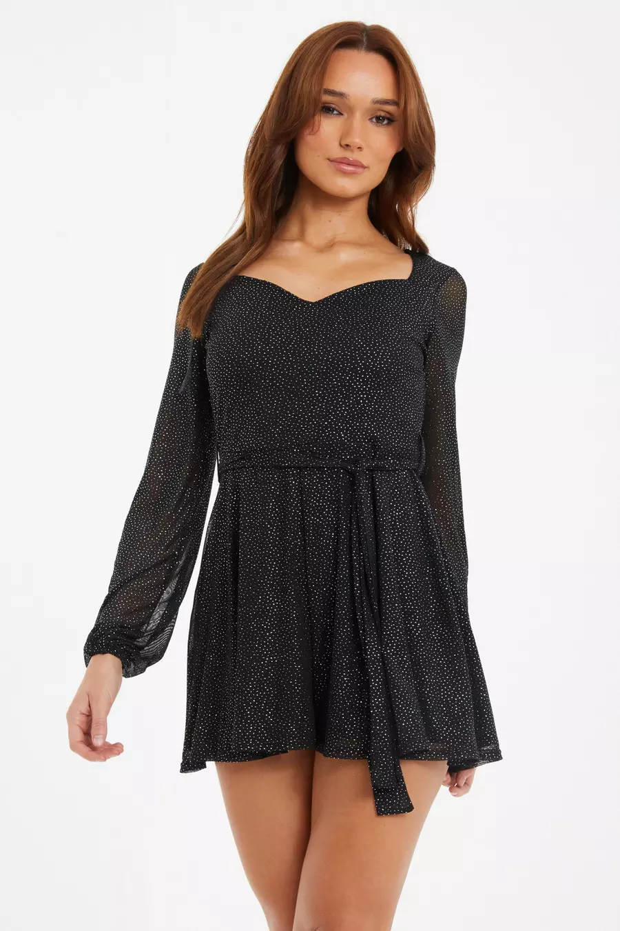 Black Glitter Mesh Playsuit QUIZ Clothing