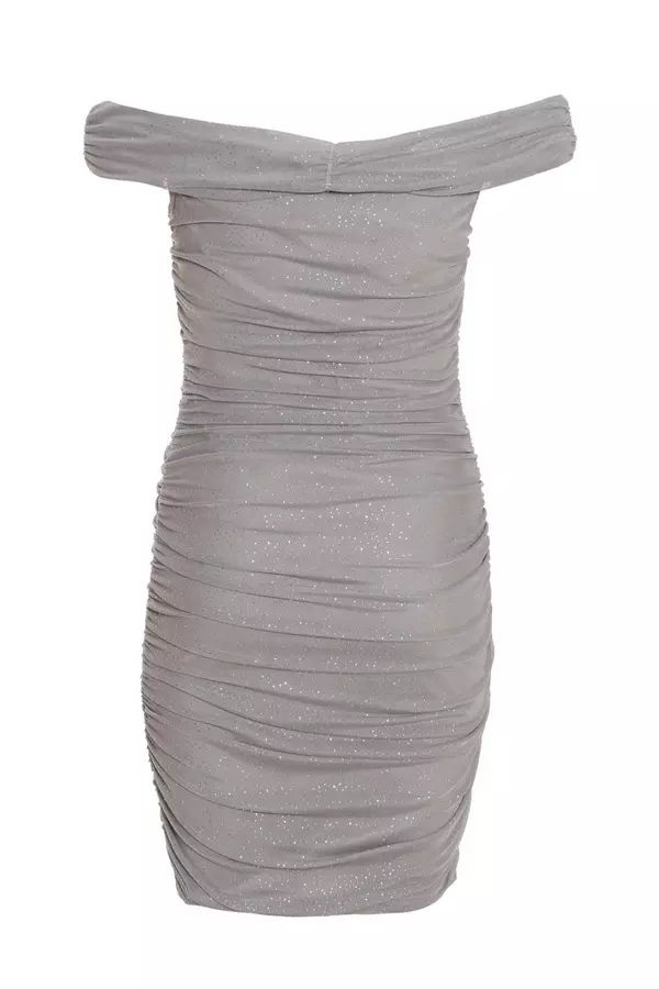 Grey Glitter Ruched Bardot Mini Dress