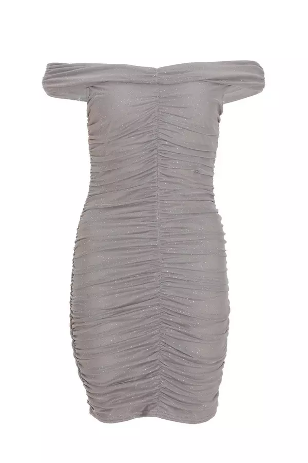 Grey Glitter Ruched Bardot Mini Dress