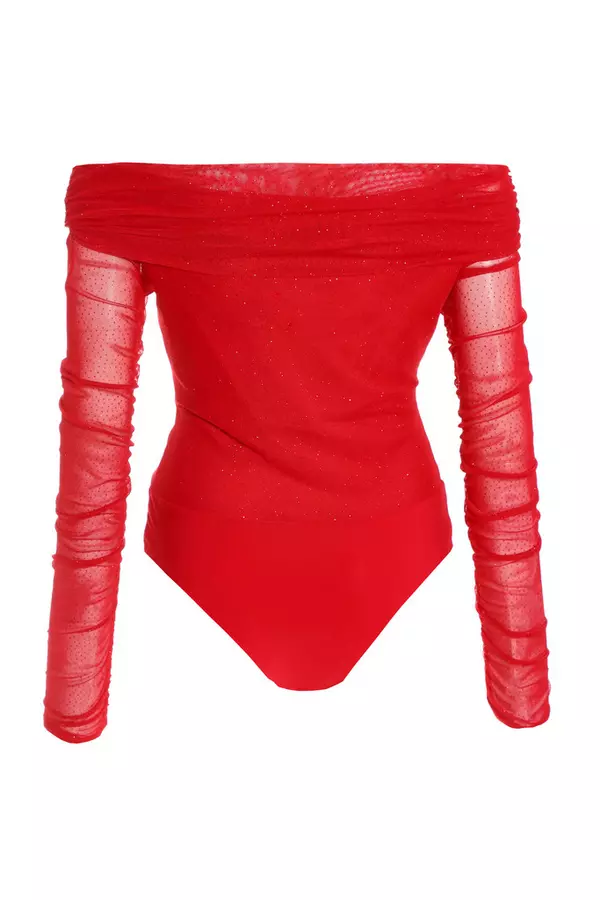 Red Glitter Mesh Bardot Bodysuit