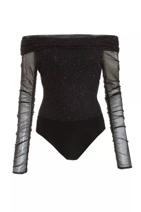 Black Glitter Mesh Bardot Bodysuit