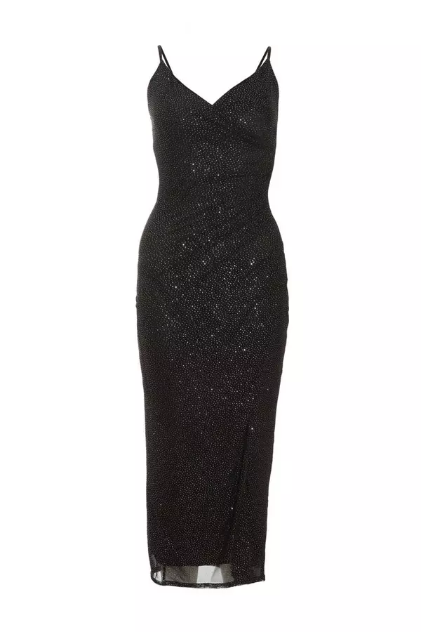 Black Glitter Wrap Midi Dress