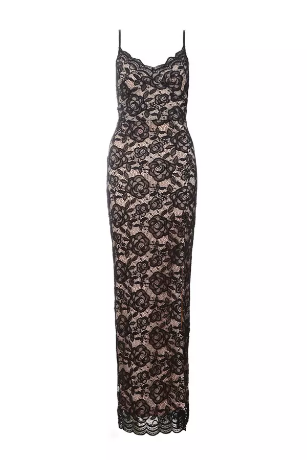 Black Contrast Lace Split Leg Maxi Dress