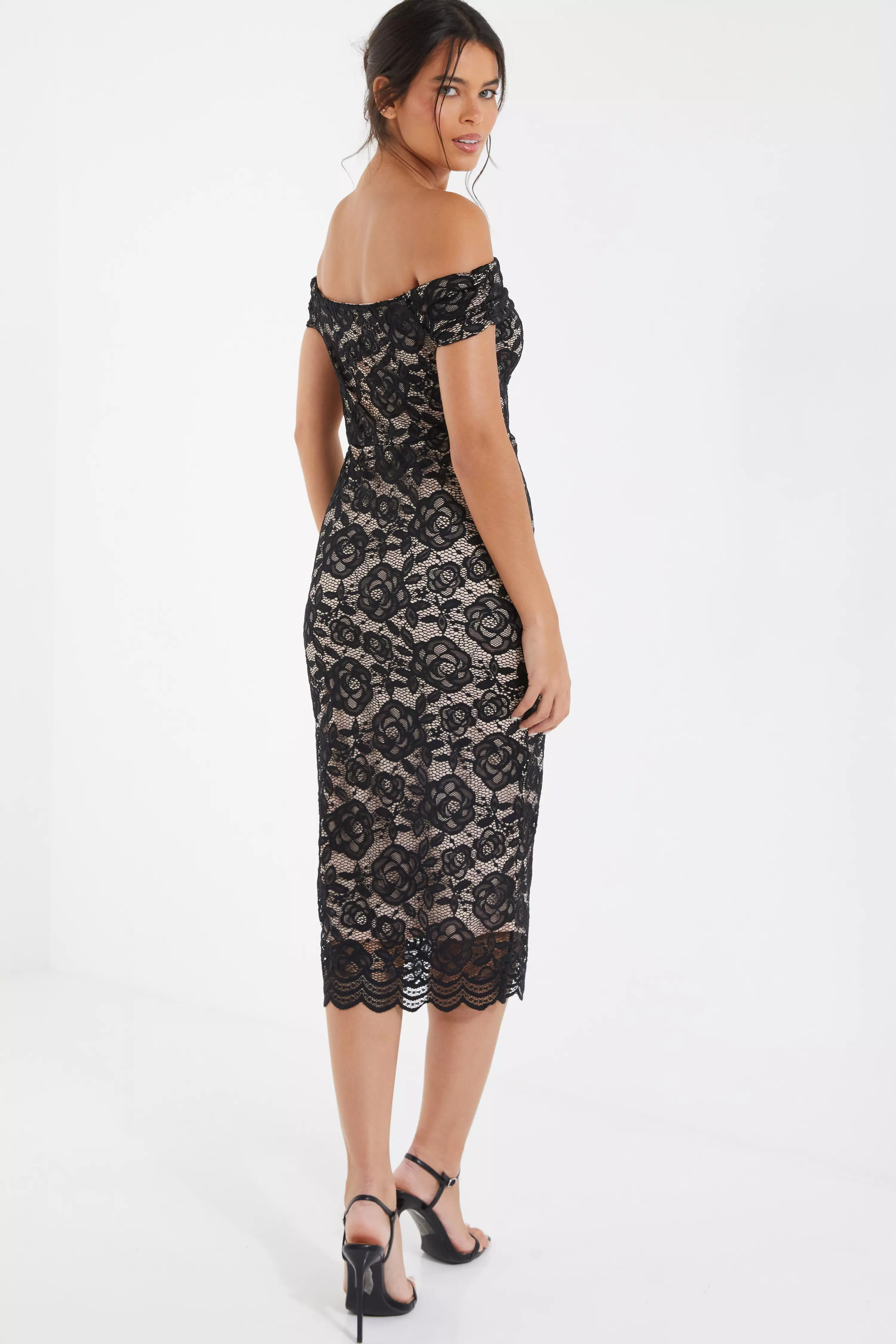 Black Contrast Lace Bardot Midi Dress