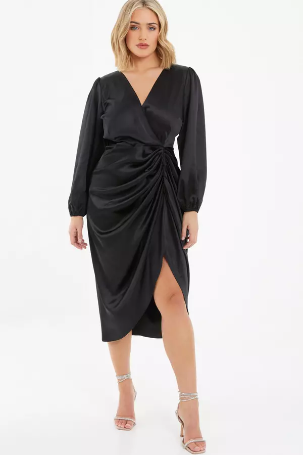 Curve Black Satin Ruched Midi Dress