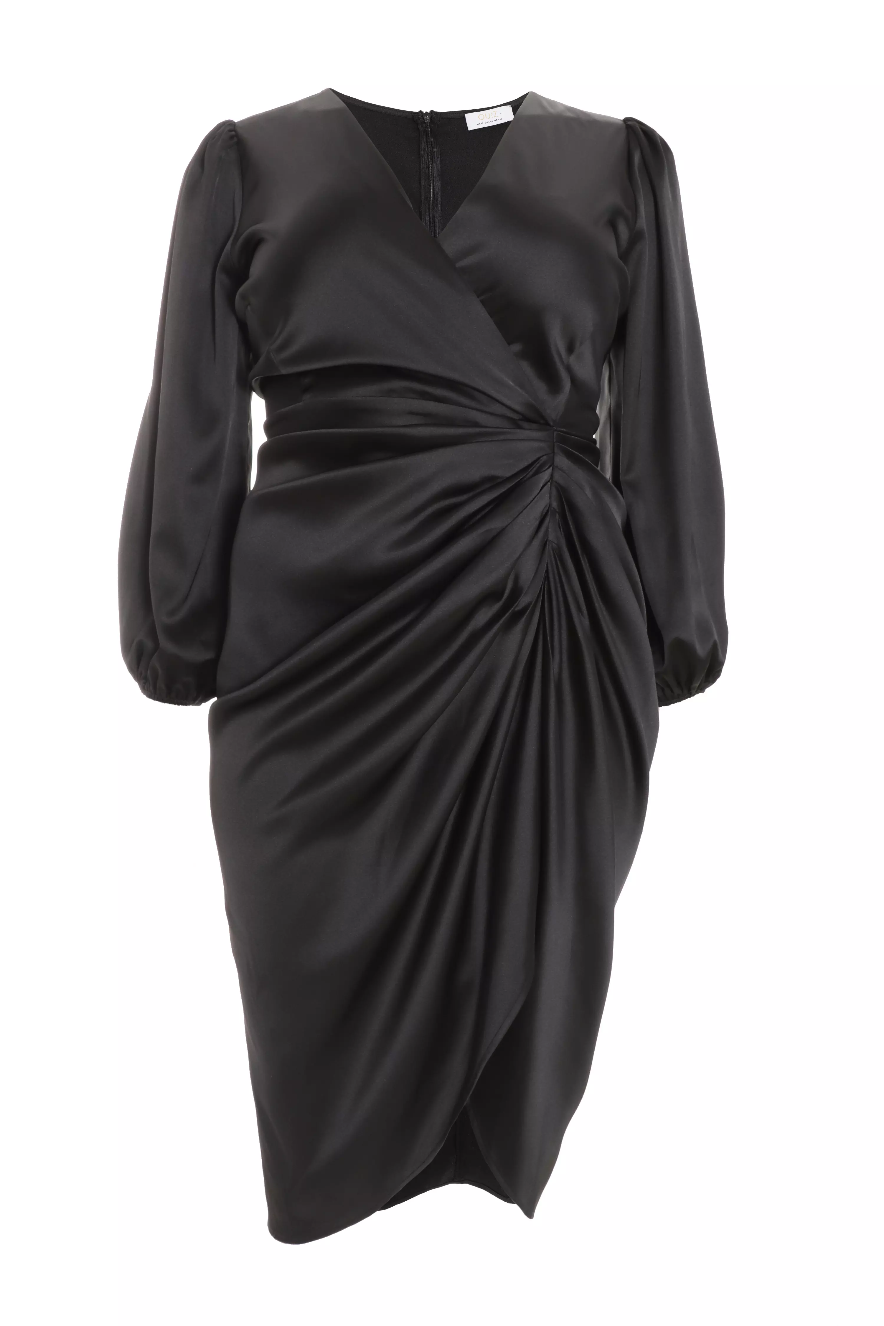 Curve Black Satin Ruched Midi Dress