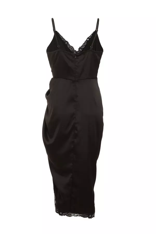 Black Satin Lace Trim Midi Dress
