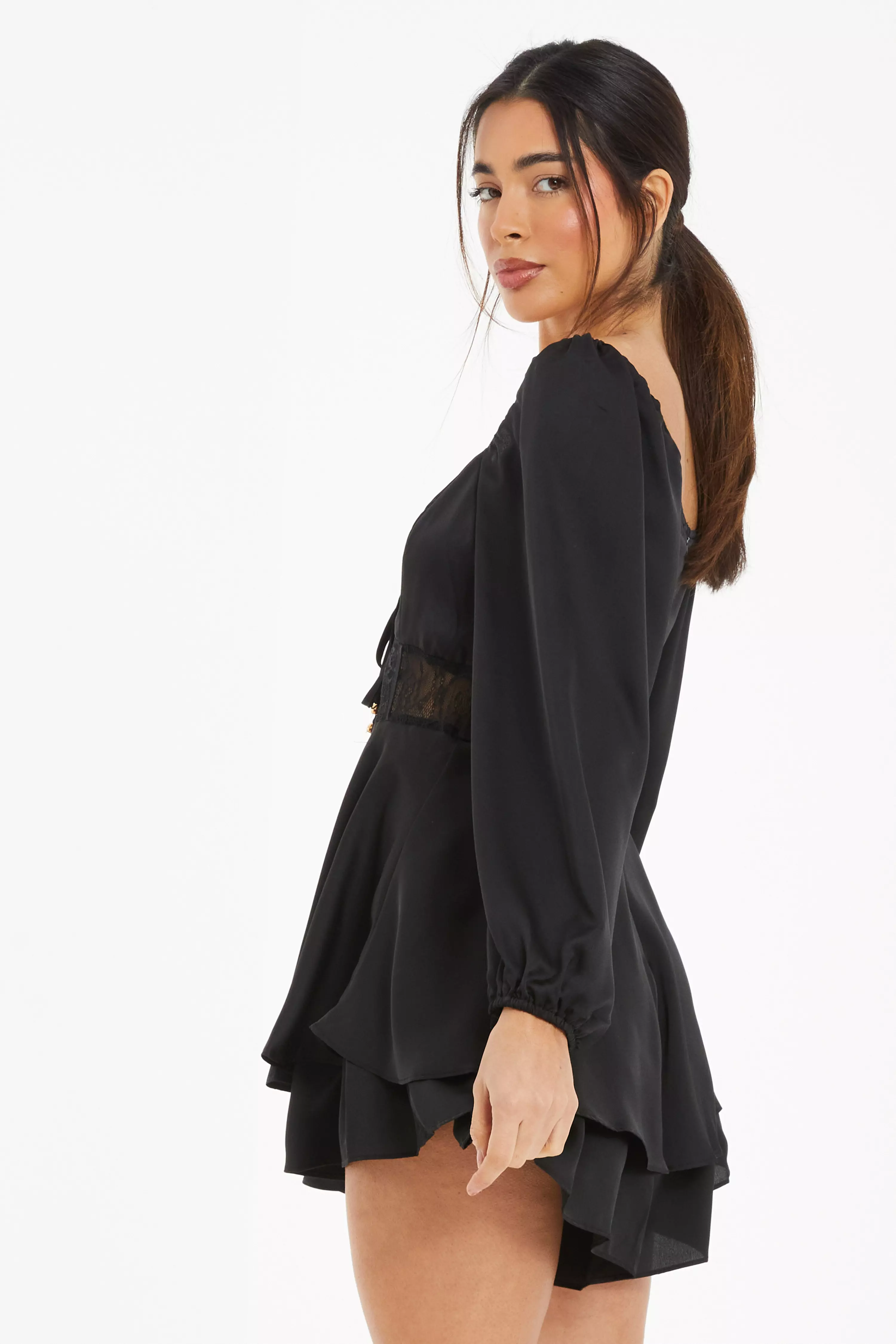 Black Satin Lace Long Sleeve Playsuit