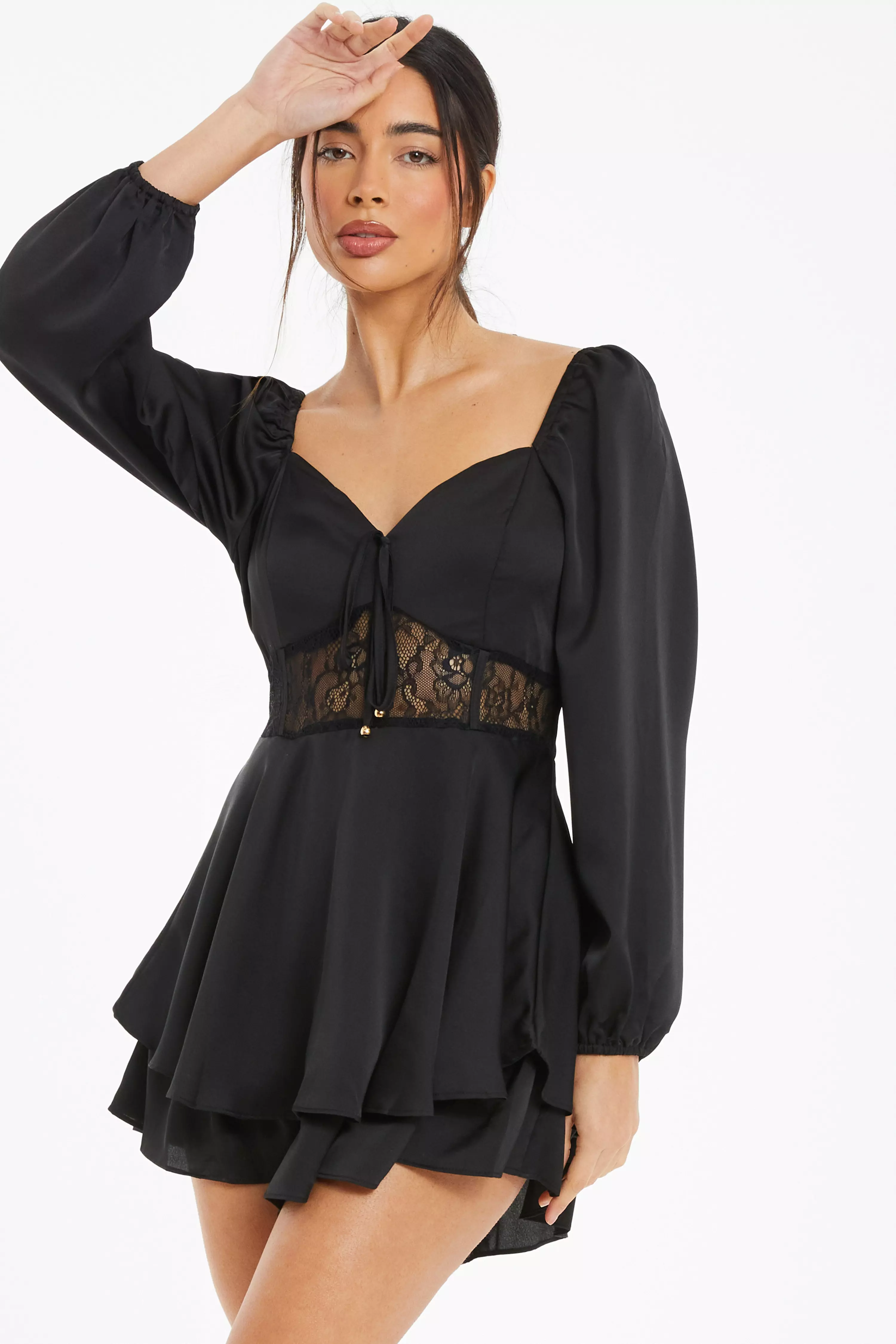 Black Satin Lace Long Sleeve Playsuit