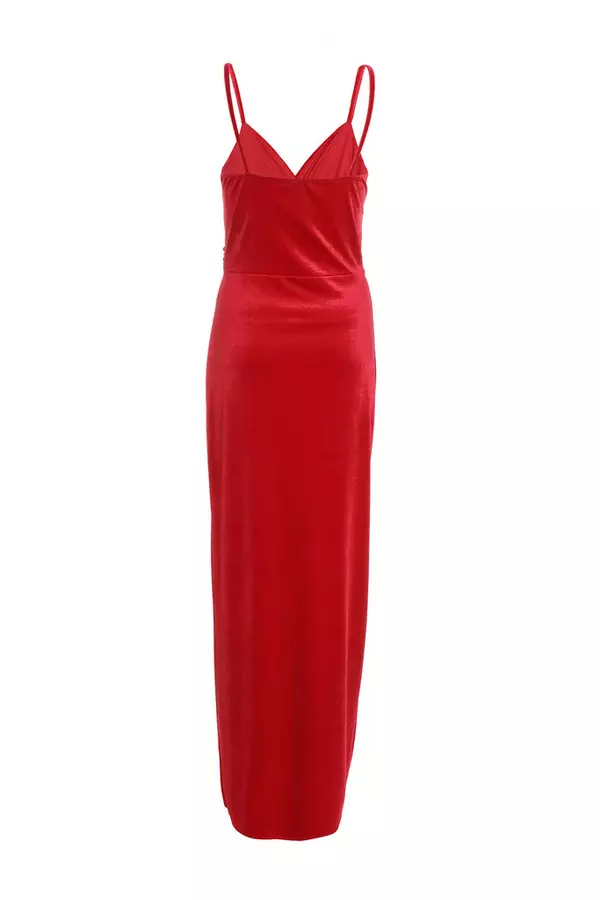 Red Velvet Embellished Maxi Dress
