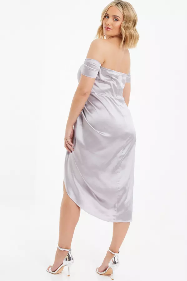 Curve Silver Satin Bardot Midi Dress