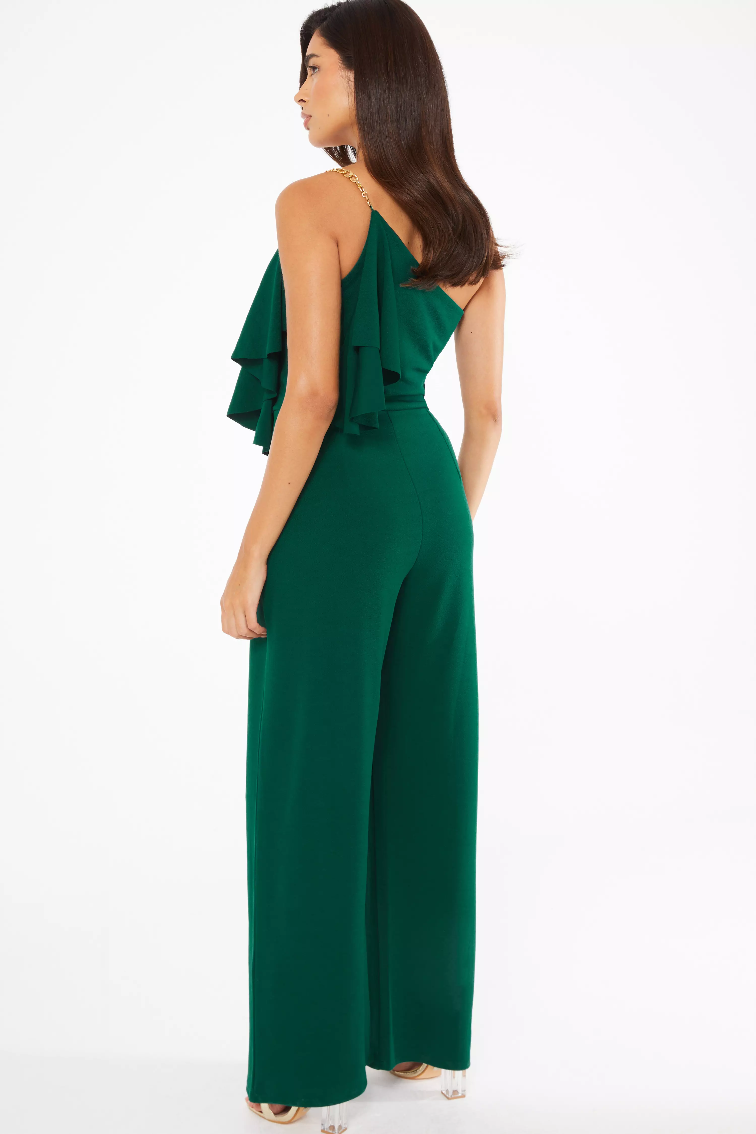 Bottle Green One Shoulder Frill Palazzo Jumpsuit